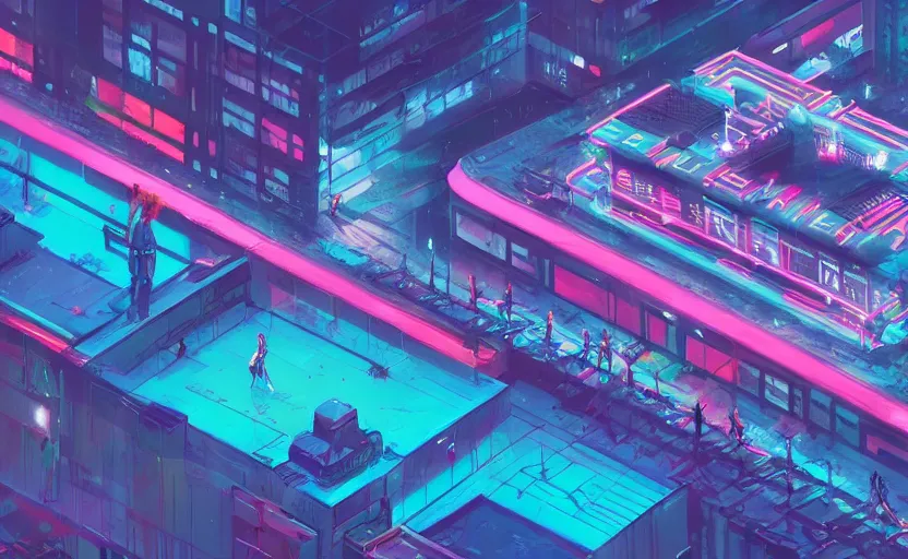 Prompt: sports ground, cyberpunk, rooftop, teal neon lights, highly detailed, digital painting, artstation, concept art, sharp focus, illustration