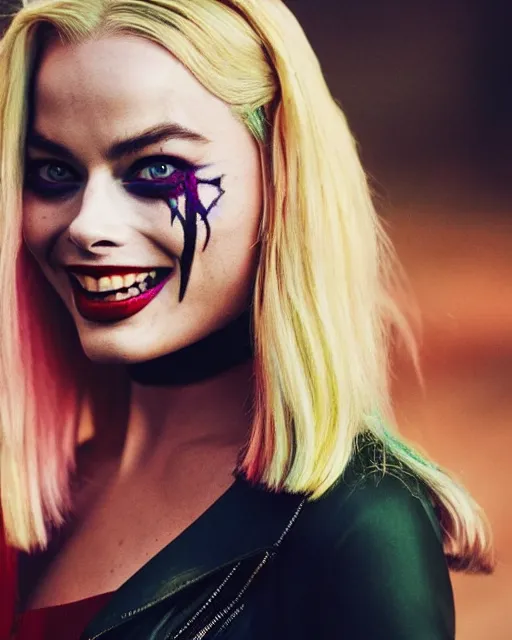 Image similar to 3 5 mm photo of elegant suicide squad margot robbie that looks like harley quinn, long blonde hair and big eyes, beautiful smile, finely detailed perfect face, standing on the wet street at sunset, ambient golden hour sunset lighting,