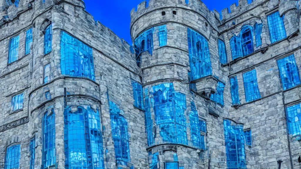 Prompt: open angle photo of a castle made of blue glass,