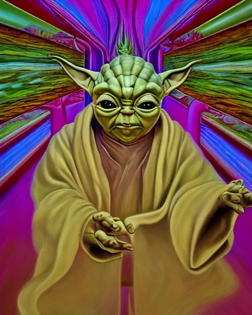 Image similar to portrait ultra dimensional baby yoda tripping on dmt, psychedelic experience, overwhelming self realization and awakening, ultra high definition, unreal engine 5, hyperrealism, masterpiece composition, surrealism by alex grey, salvador dali 8 k photorealistic