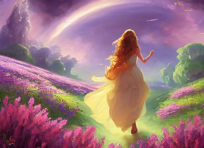 Image similar to a alone princess walks through a vast flower field in the cosmic sky by vladimir volegov and alexander averin and peder mørk mønsted and ross tran and raphael lacoste