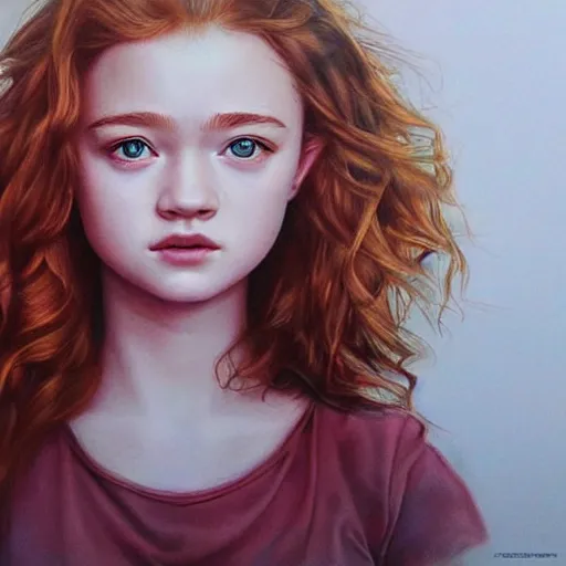 Image similar to portrait of a hybrid of julia garner and sadie sink, photo realistic, highly detailed, perfect face, art by artgerm