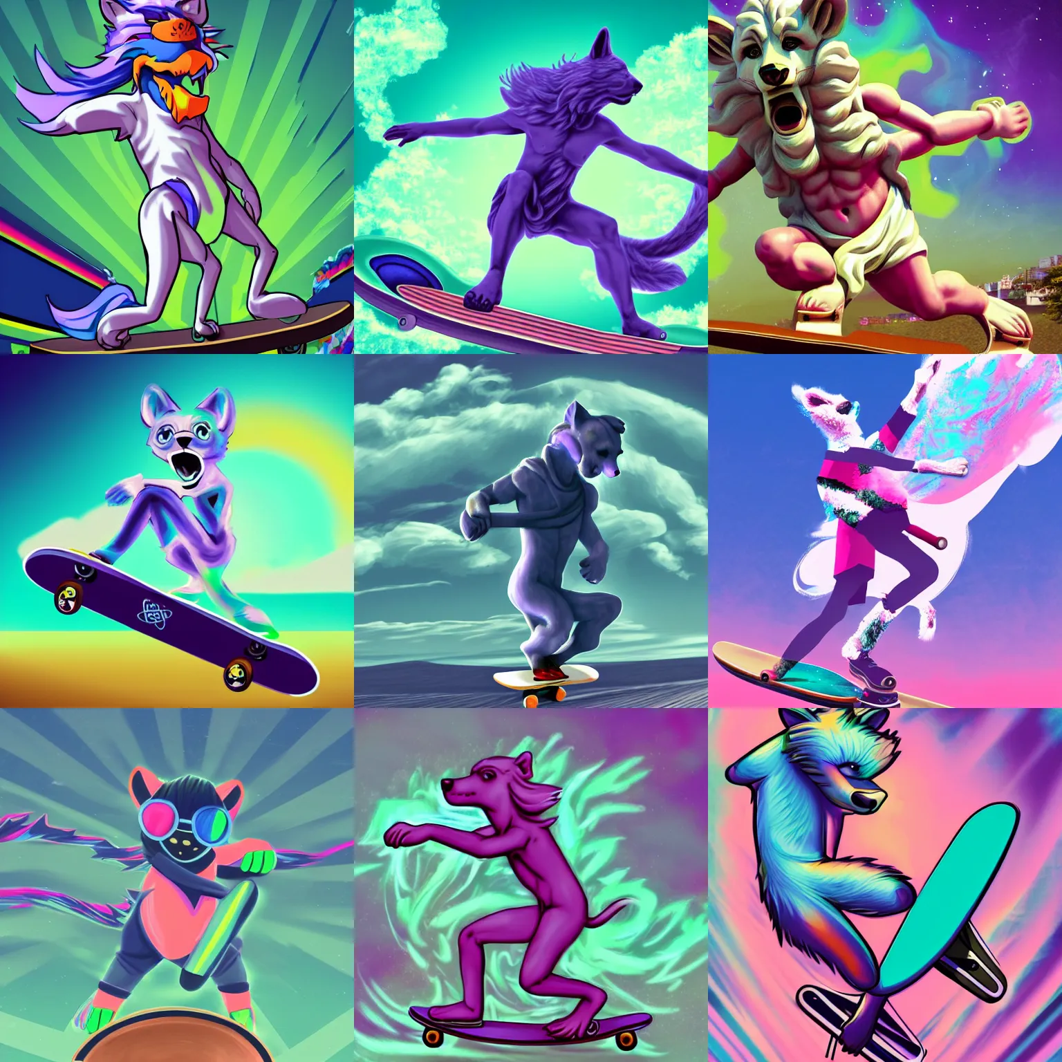 Prompt: vibrant action shot of a greek marble statue anthropomorphic furry riding a skateboard with vaporwave background, furaffinity