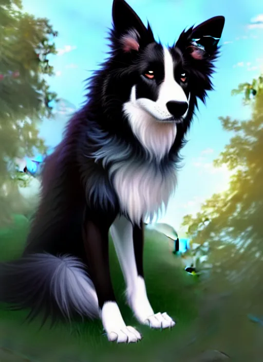 Image similar to wide angle beautiful full body portrait of a cute male anthro border collie fursona posing in front of a park, character design by charlie bowater, henry asencio, and ross tran, furry art, furaffinity, beautiful, glamor pose, detailed, aesthetic, trending on artstation