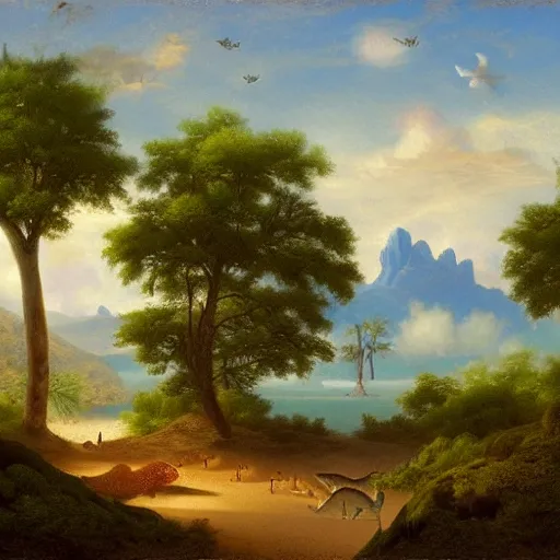 Image similar to Trias with dinosaurs, in the style of the Hudson River School