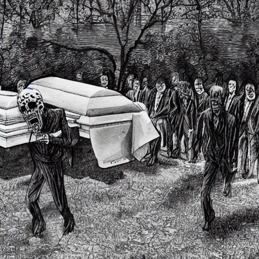 Image similar to photograph of a funeral with a zombie coming up out of the ground. 8k