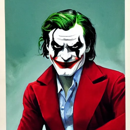 Image similar to photorealistic picture, comic cover by bob peak and alex ross about joaquin phoenix joker, gouache and wash paints, fine details, fine intricate, fine facial proportionate, fine body proportionate, smooth sharp focus, sharp focus