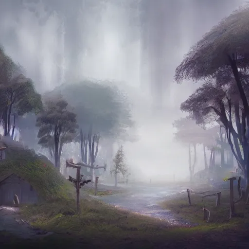 Image similar to village in the trees of a mysterious forest. mist. dusk. concept art. hyper detailed