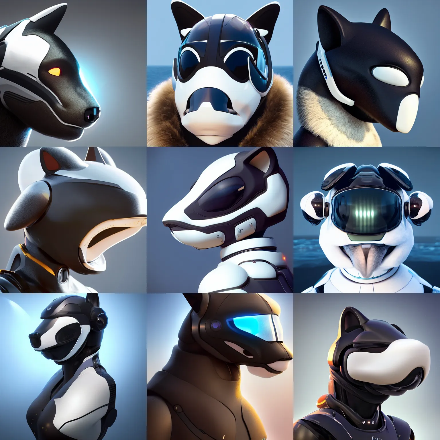 Prompt: very very beautiful furry art, bust profile picture of a robotic anthro orca, visor screen for face, snout under visor, commission on furaffinity, cgsociety, octane render