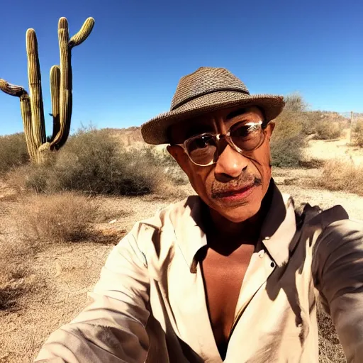 Prompt: giancarlo esposito taking a selfie in the desert, hd 4 k photo