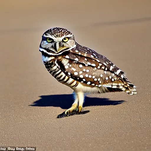 Image similar to the burrowing owl didn't sleep standing or perched, he slept in what could be described as a squat with his short stubby tail supporting him, and his legs splayed out to the sides, burrowing owl doing as described, guardians of gahool