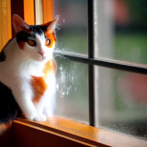 Prompt: photo of a calico cat watching the rain pour out of a window in a sunday morning, flickr, nikon lens