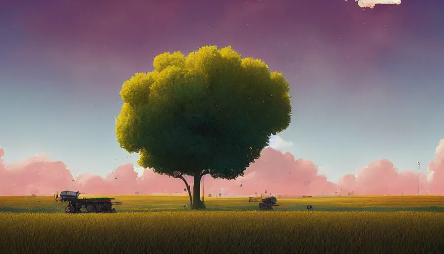 Image similar to colourful sky, wheat field, combine, big trees, matte painting, art station, digital art, simon stalenhag