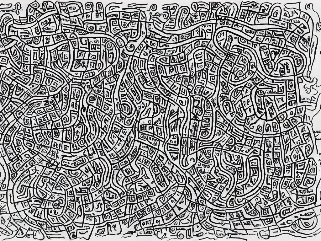 Image similar to Cave map full of old runic glyphs by Deven Rue, Ink drawing, fine point pen,