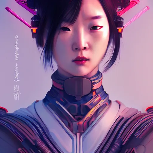 Image similar to portrait futuristic Samurai Girl, in future cyberpunk tokyo rooftop , ssci-fi, fantasy, intricate, very very beautiful, elegant, human anatomy, neon light, highly detailed, digital painting, artstation, concept art, smooth, sharp focus, illustration, art by tian zi and WLOP and alphonse mucha