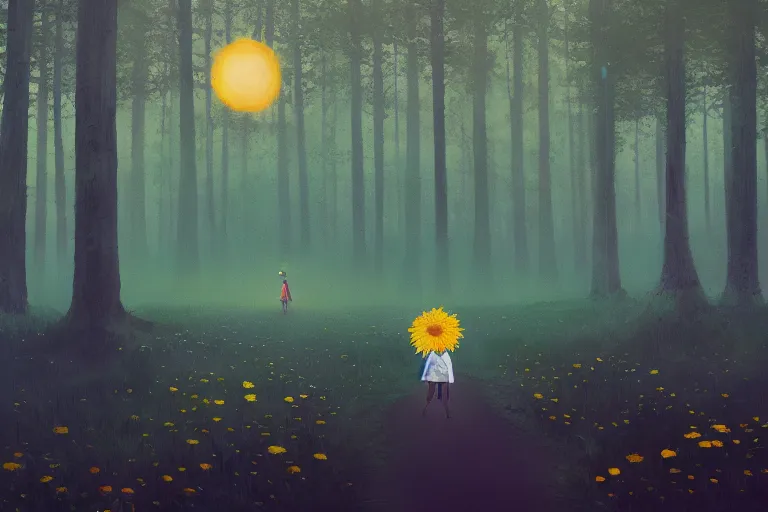 Image similar to giant daisy flower on head, girl walking in forest, big trees, surreal photography, dark night, stars, moon light, impressionist painting, clouds, digital painting, artstation, simon stalenhag