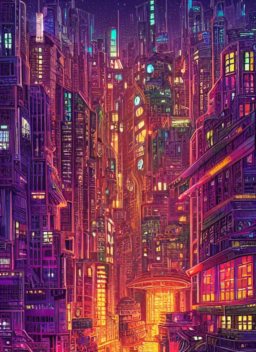 Image similar to a futuristic city at night by Dan Mumford