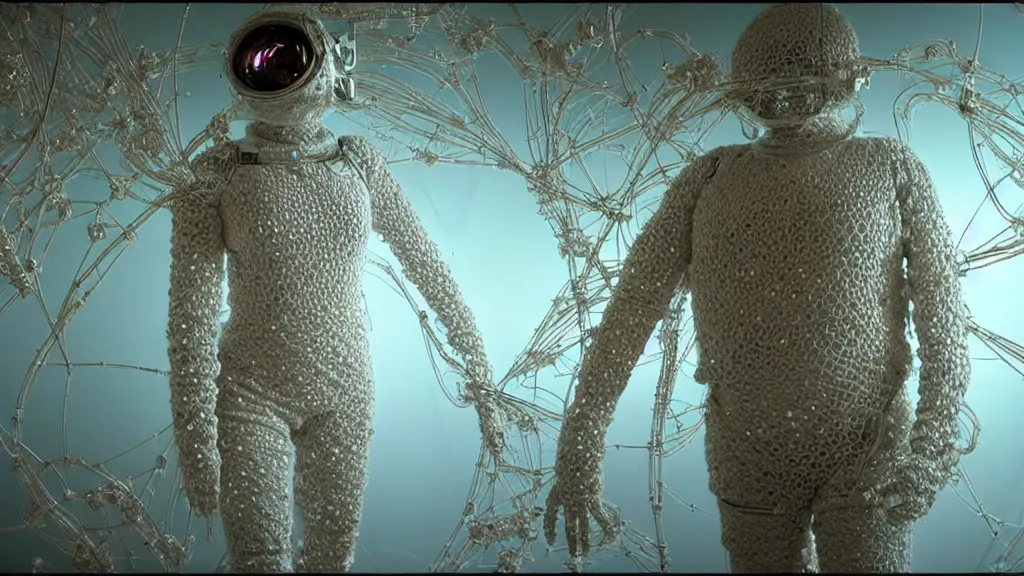 Image similar to a cybernetic symbiosis of a single astronaut eva suit made of pearlescent wearing knitted yarn thread infected with diamond 3d fractal lace iridescent bubble 3d skin covered with stalks of insectoid compound eye camera lenses floats through the living room, film still from the movie directed by Denis Villeneuve with art direction by Salvador Dalí, wide lens,