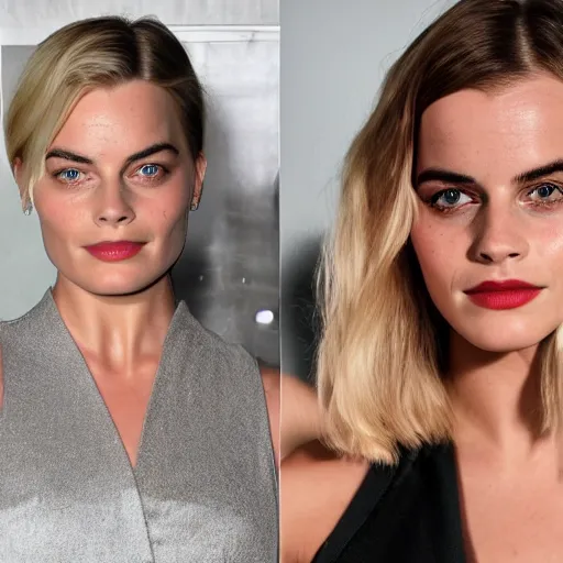 Image similar to a woman who is a genetic combination of margot robbie and emma watson face and upper - body focus