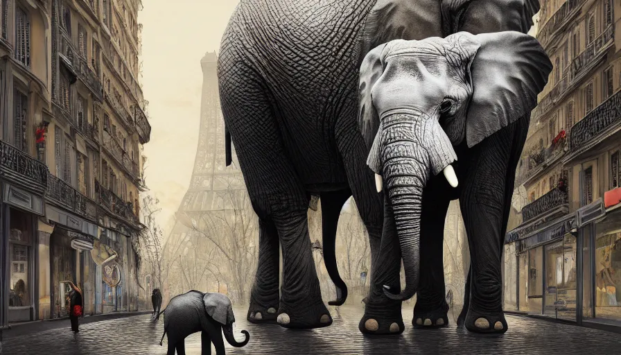 Prompt: Elephant in Paris, hyperdetailed, artstation, cgsociety, 8k