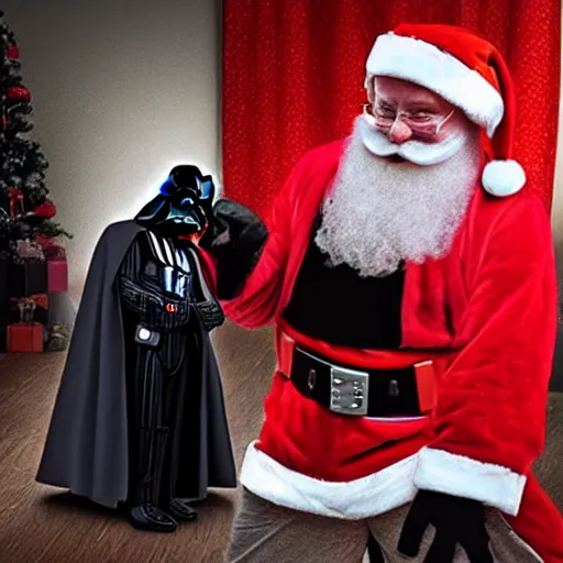 Prompt: A realistic photo of Darth Vader dressed as Santa