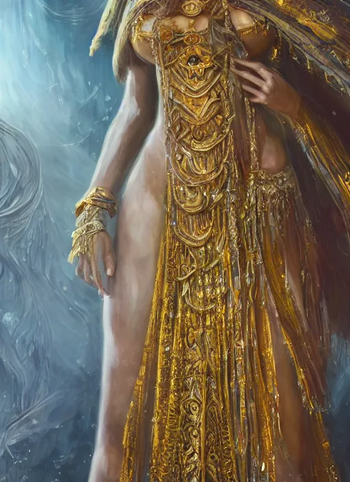 Image similar to soft focus oil painting on canvas of beautiful full body concept art, beautiful faced female priestess with shiny hair wearing full intricate clothing standing in a slimy temple, godray, intricate lighting, micro detail, cg society