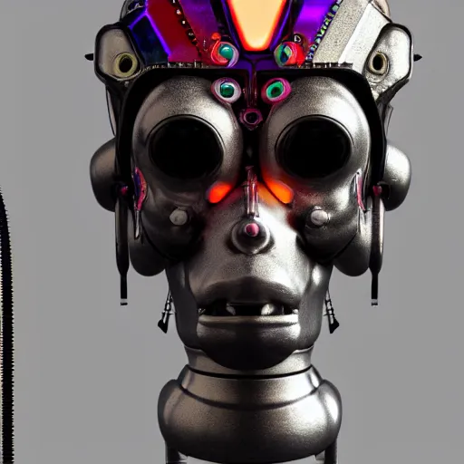 Prompt: a glossy claymodel of a dieselpunk aztec futuristic robot head with eeg sensors, 8 k, front shot, symetrical, flourescent colors, halluzinogenic, multicolored, insanely detailed, front shot, 3 d render, octane