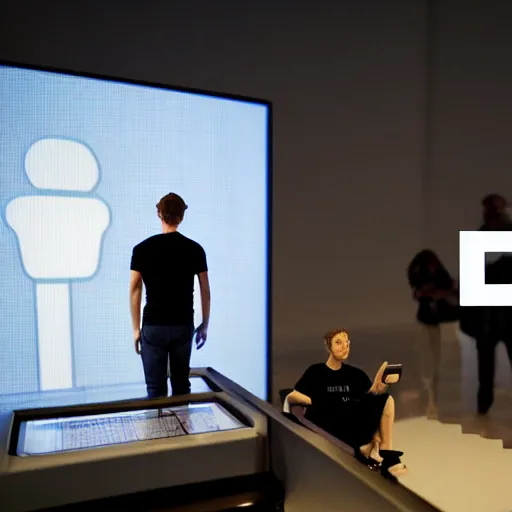 Prompt: mark zuckerberg in a tall tower looking out at a cybernetic landscape filled with robots browsing facebook on their phones