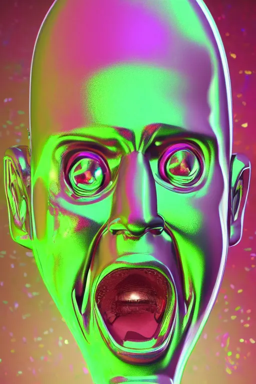 Image similar to 3d render of holographic angry human robotic screaming angry bust made of glossy iridescent, screaming, bust, surrealistic 3d illustration of a human non-binary, non binary model, 3d model human, cryengine, made of holographic texture, holographic material, holographic rainbow, concept of cyborg and artificial intelligence