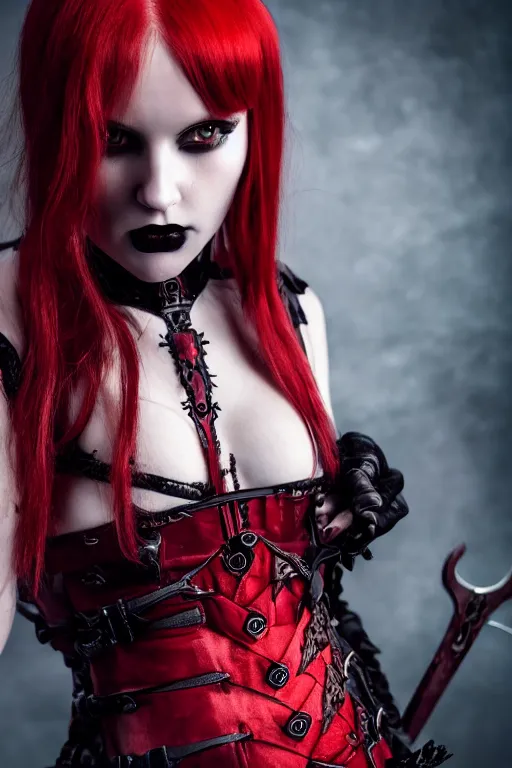 Image similar to very beautiful demonic top model, red hair and skin, wearing gothic victorian armor with blades and swords, luxury materials, symmetrical, cinematic, elegant, professional studio light, real dlsr photography, sharp focus, 4 k, ultra hd, sense of awe, high fashion