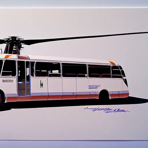 Image similar to concept art for bus + helicopter, painted by syd mead, high quality