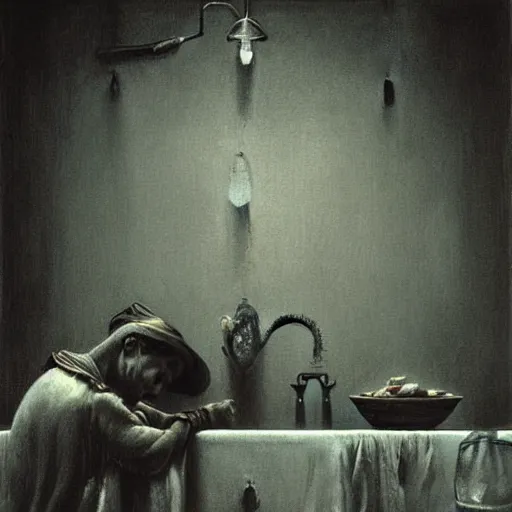 Image similar to Johny Depp washing dishes by Zdzislaw Beksinski