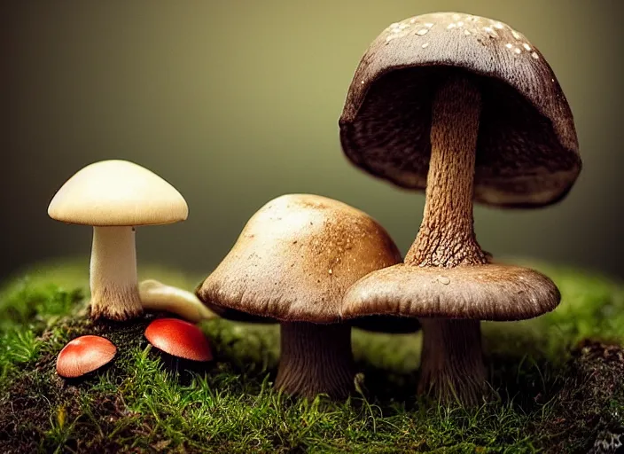 Image similar to a cute creature sitting next to a mushroom, realistic, very detailed, complex, intricate, studio lighting, superres sharpening, bokeh, sigma 5 0 mm f 1. 4, 1 9 2 0 period drama by bussiere rutkowski andreas rocha