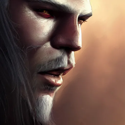 Prompt: Geralt of Rivia, golden eyes, silver hair, wolf pedant, 4k, artstation, cgsociety, award-winning, masterpiece, stunning, beautiful, glorious, powerful, fantasy art