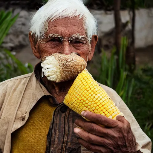 Prompt: an elderly man wearing a mask made from a tortilla, holding a sword made from elote, driving a corn cob car, bold natural colors, national geographic photography, masterpiece, 8 k, raw, unedited, symmetrical balance