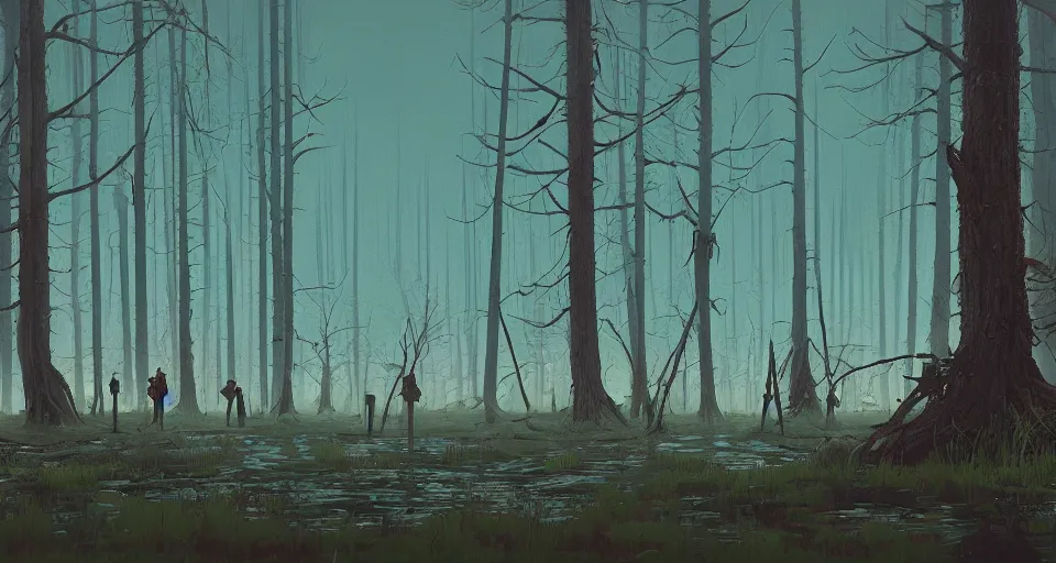 Image similar to A fantastic swamp, by simon stalenhag