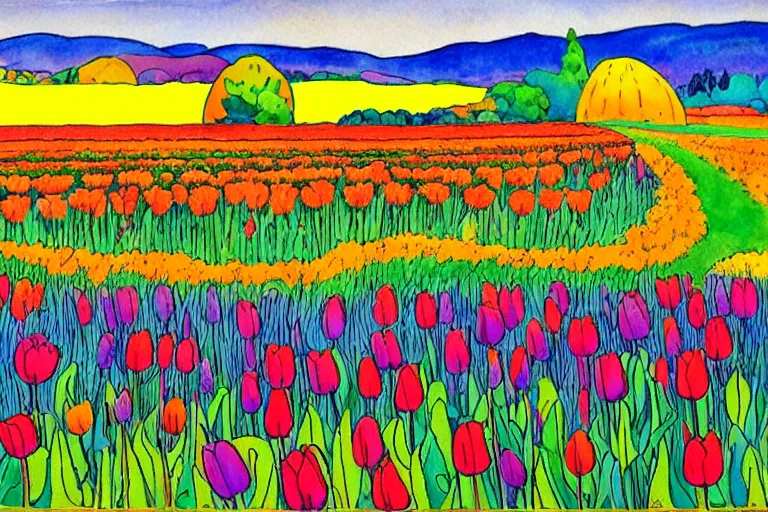 Image similar to painting of a tulip field with rolling hills, watercolour by wes wilson, victor moscoso, robert crumb, peter max, william finn, martin sharp
