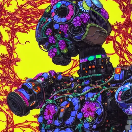 Image similar to colourful vfx art - portrait of army mecha robot wrapped in flowers & vines, art by utagawa kunisada & james jean, volumetric light, ray tracing, sharp, detailed, digital painting, illustration, highly detailed, intricate detail, unreal engine, octane render, global light, pinterest, behance, art station,