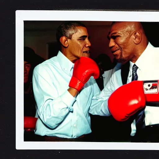 Image similar to polaroid of obama knocking out mike tyson in boxing match