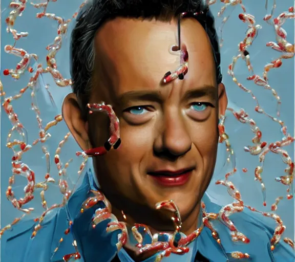 Image similar to Tom hanks as forrest gump wearing a necklace made out of shrimps around the neck, realistic face, digital art, in the style of Marta Dahlig, amazing detail, artstation, long shot