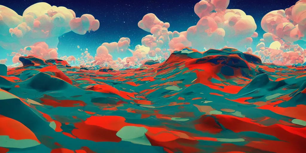 Image similar to abstract 3d landscape painting at noon by james jean and David Schnell painted in no mans sky style, redshift, octane