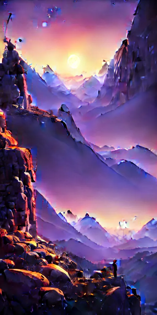 Image similar to highly detailed mountain in night, gta v, stephen bliss, unreal engine, fantasy art by greg rutkowski, loish, rhads, ferdinand knab, makoto shinkai and lois van baarle, ilya kuvshinov, rossdraws, tom bagshaw, global illumination, radiant light, detailed and intricate environment