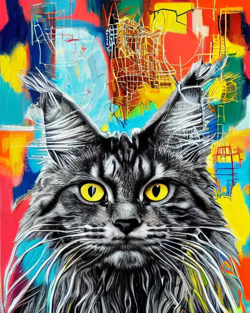 Prompt: a cyberpunk portrait of a maine coon by jean - michel basquiat, by hayao miyazaki by artgerm, highly detailed, sacred geometry, mathematics, cat, geometry, cyberpunk, vibrant, water