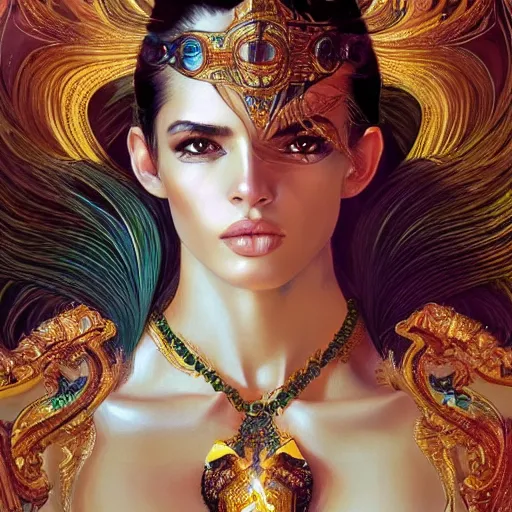 Prompt: Brazilian supermodel in an ad for Versace, intricate, elegant, highly detailed, digital painting, artstation, concept art, smooth, sharp focus, illustration, art by artgerm and greg rutkowski and alphonse mucha, 1980s