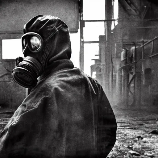 Image similar to film still of a man wearing post apocalyptic clothes and a gas mask inside a rusty factory, low angle dramatic