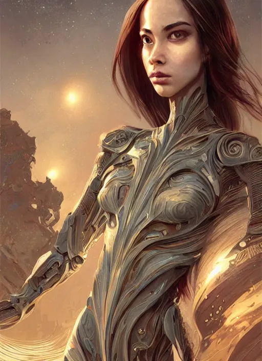 Image similar to a professional painting of a beautiful young female alien, clothed in ethereal armor, olive skin, long dark hair, beautiful bone structure, symmetrical facial features, intricate, elegant, digital painting, concept art, smooth, sharp focus, illustration, from Valerian and the City of a Thousand Planets, by Ruan Jia and Mandy Jurgens and Artgerm and William-Adolphe Bouguerea