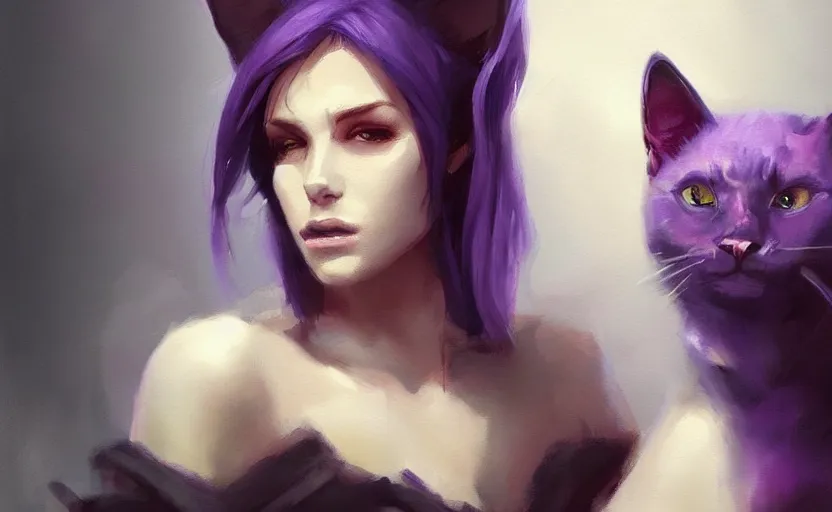 Image similar to a painting of swervy trending on artstation in the style of greg rutkowski, beautiful, sensual, woman with cat, cat ears, purple, portrait