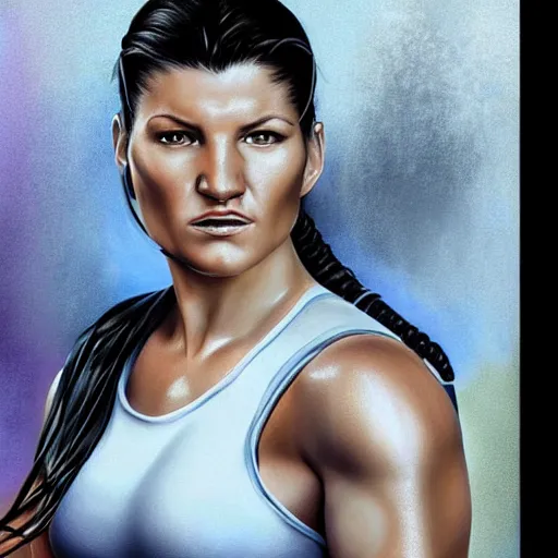 Prompt: beautiful digital painting of gina carano with a cybernetic arm, highly detailed, hyperrealism