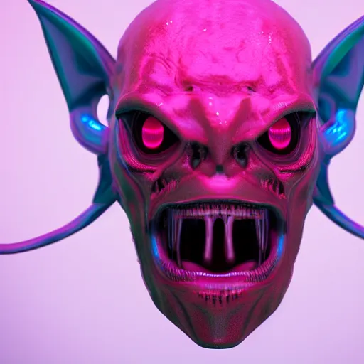 Image similar to synthwave demonic alien face with neon horns, detailed face, sharp focus, synthwave art, aesthetic, octane render, raw, cinematic