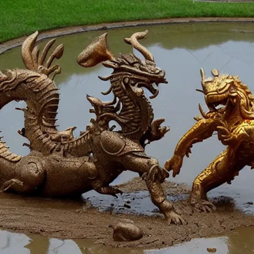 Prompt: golden chinese dragon play in mud